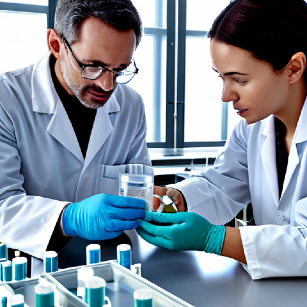 **Scientists from around the world collaborating in a modern laboratory, working together on a vaccine.**