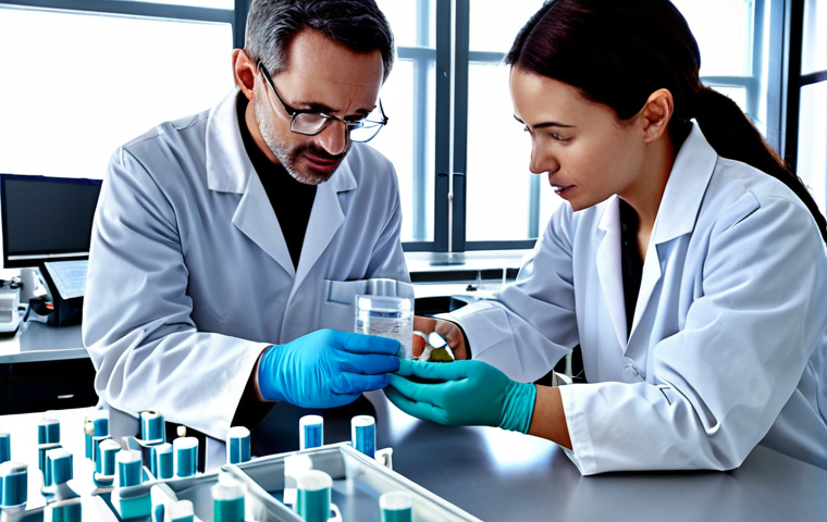 **Scientists from around the world collaborating in a modern laboratory, working together on a vaccine.**