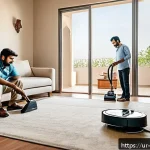 Home 21 과학적 발견의 혁신적 기술 분석 - A modern Pakistani family living room featuring a middle-aged man using a smart watch to organize hi...