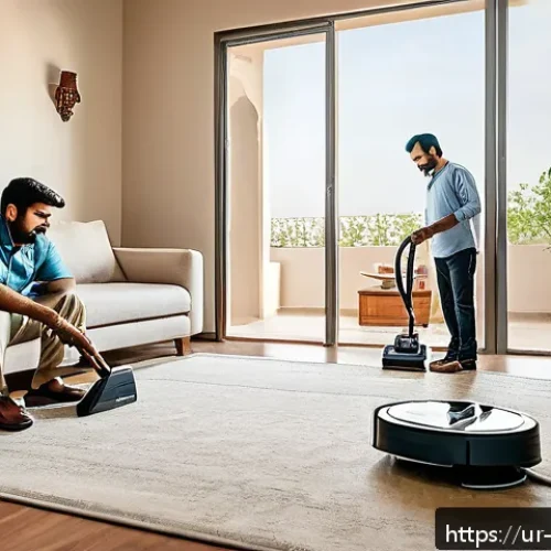 Home 33 과학적 발견의 혁신적 기술 분석 - A modern Pakistani family living room featuring a middle-aged man using a smart watch to organize hi...