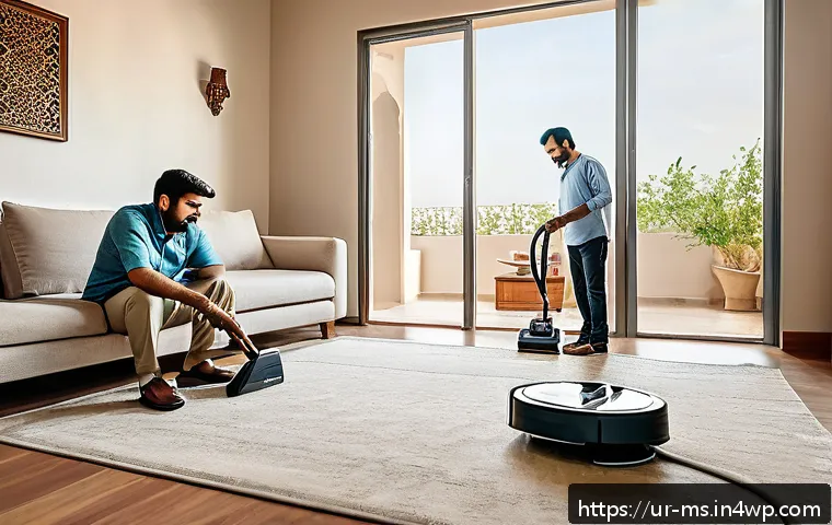 과학적 발견의 혁신적 기술 분석 - A modern Pakistani family living room featuring a middle-aged man using a smart watch to organize hi...