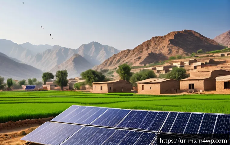 과학적 발견을 촉진한 기술적 혁신 - A modern rural Pakistani village scene during daylight, featuring traditional houses with solar pane...