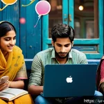 Home 23 사회과학 분야의 주요 발견 분석 - A vibrant digital social scene depicting a diverse group of young Urdu-speaking people engaging in o...