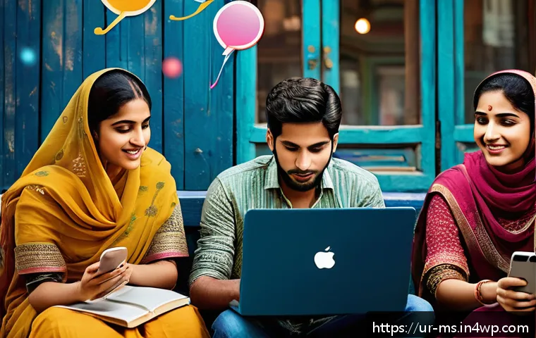 사회과학 분야의 주요 발견 분석 - A vibrant digital social scene depicting a diverse group of young Urdu-speaking people engaging in o...