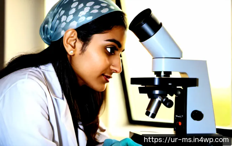 Home 17 과학적 발견의 미래 방향 - Photorealistic Pakistani female scientist in a modest white lab coat and headscarf examining a glowi...